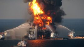 Anjungan pengeboran Deepwater Horizon setelah ledakan awal pada 20 April 2010 (Foto: Istimewah)